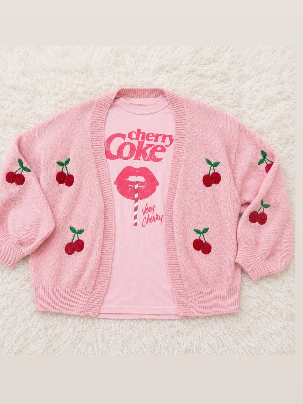 Cherry Embroidered Pink Knit Cardigan Sweater | Coquette Cottagecore Oversized